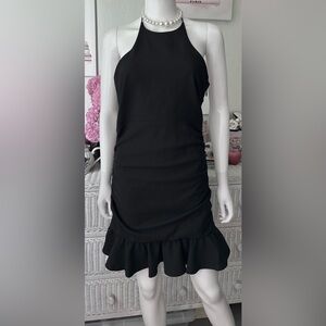 Cinq A Sept Halter Style Ruched Basic Black dress with Ruffled Hems Size 6